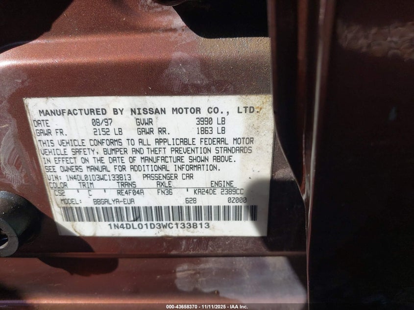 1998 Nissan Altima Gle/Gxe/Se/Xe VIN: 1N4DL01D3WC133813 Lot: 43658370