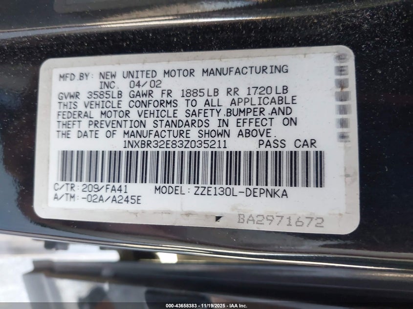 2003 Toyota Corolla Le VIN: 1NXBR32E83Z035211 Lot: 43658383