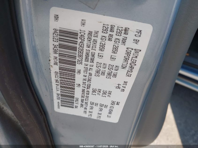 2005 Chrysler Town & Country VIN: 1C4GP45R35B387325 Lot: 43658387