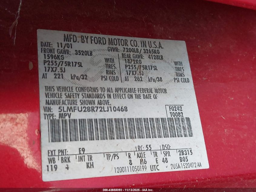 2002 Lincoln Navigator VIN: 5LMFU28R72LJ10468 Lot: 43658393