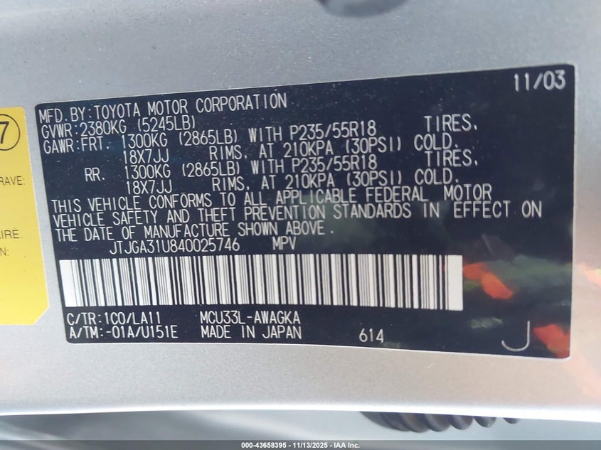 2004 Lexus Rx 330 VIN: JTJGA31U840025746 Lot: 43658395