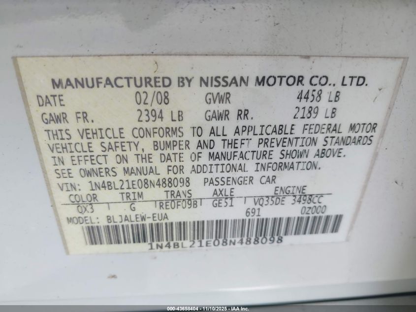2008 Nissan Altima 3.5 Sl VIN: 1N4BL21E08N488098 Lot: 43658404