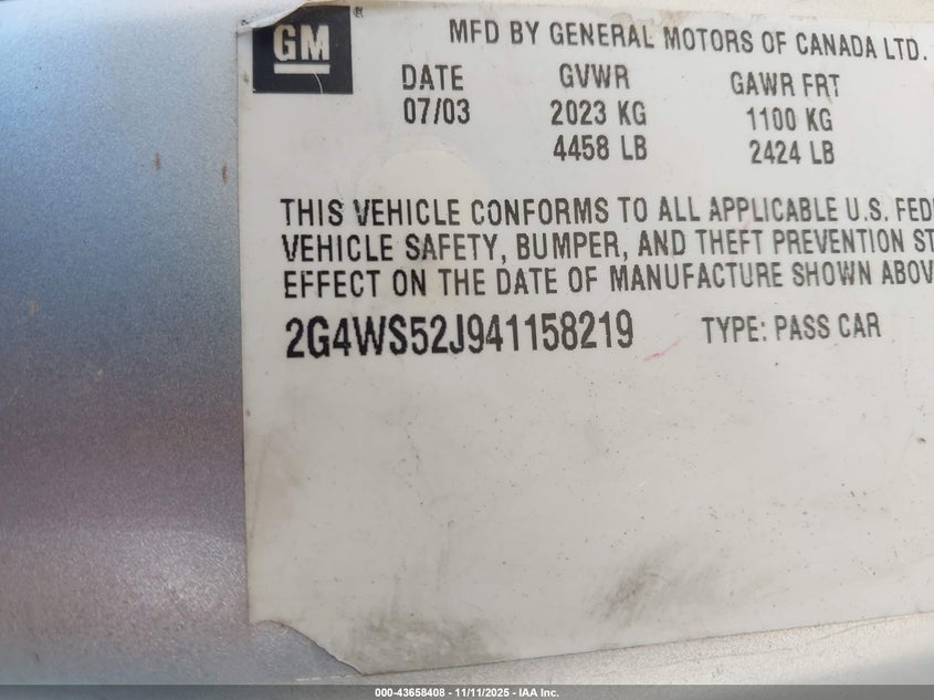 2004 Buick Century VIN: 2G4WS52J941158219 Lot: 43658408