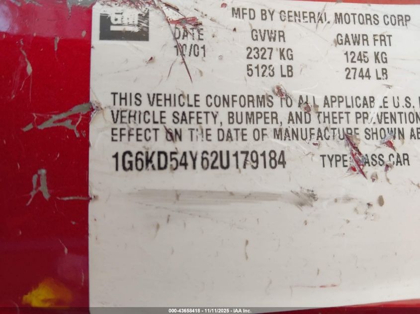 2002 Cadillac Deville Standard VIN: 1G6KD54Y62U179184 Lot: 43658418