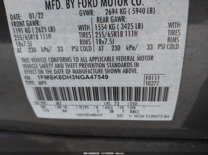 2022 Ford Explorer Xlt VIN: 1FMSK8DH3NGA47549 Lot: 43658425