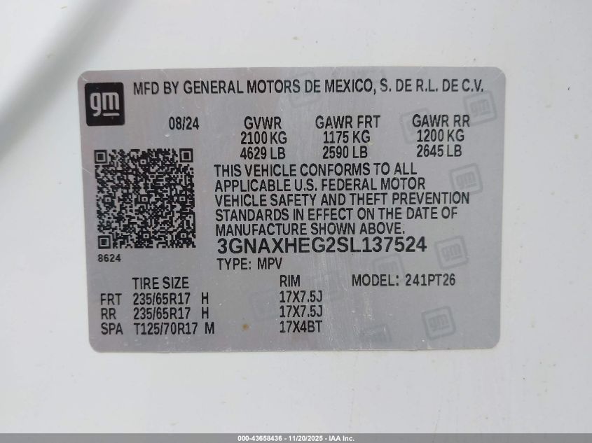 2025 Chevrolet Equinox Fwd Lt VIN: 3GNAXHEG2SL137524 Lot: 43658436