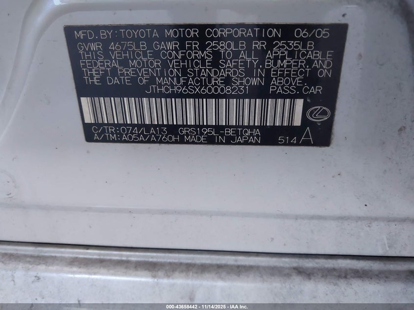 2006 Lexus Gs 300 VIN: JTHCH96SX60008231 Lot: 43658442