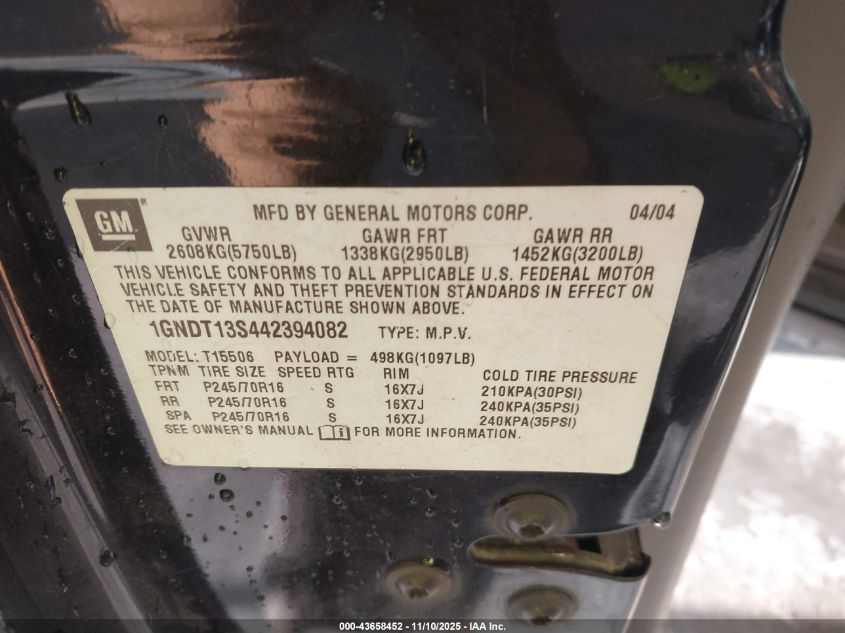 2004 Chevrolet Trailblazer Lt VIN: 1GNDT13S442394082 Lot: 43658452