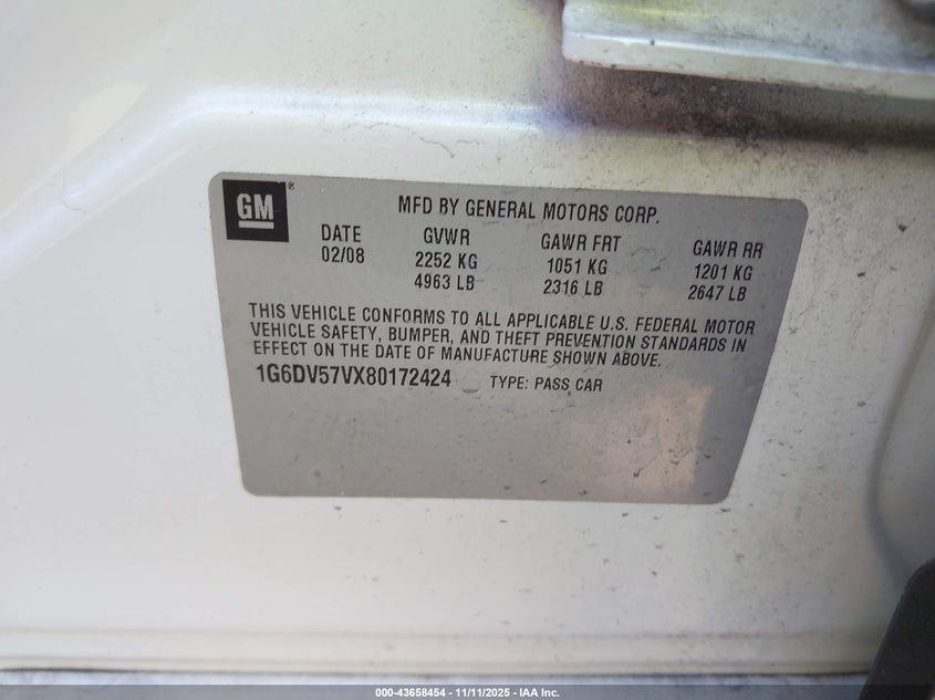 2008 Cadillac Cts Standard VIN: 1G6DV57VX80172424 Lot: 43658454