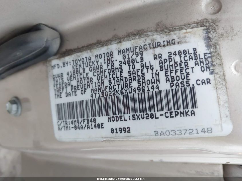 1999 Toyota Camry Le VIN: 4T1BG22K6XU496144 Lot: 43658459