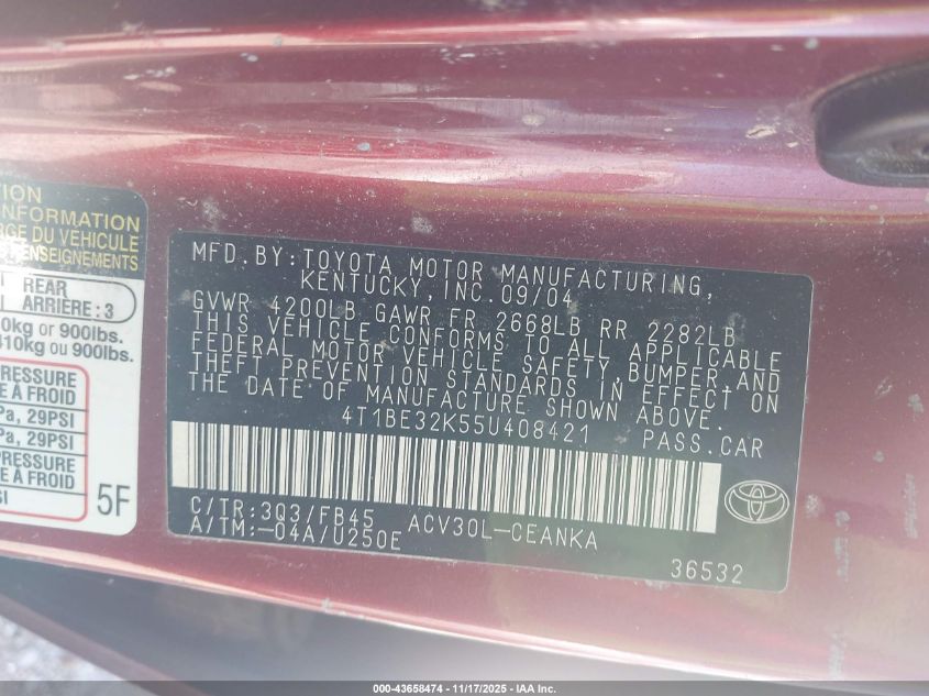 2005 Toyota Camry Le VIN: 4T1BE32K55U408421 Lot: 43658474