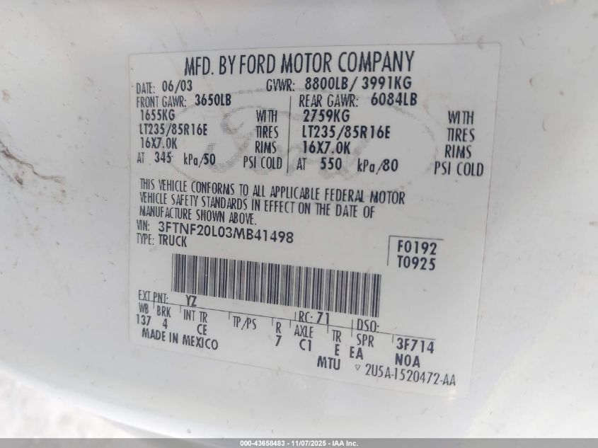 2003 Ford F-250 Xl/Xlt VIN: 3FTNF20L03MB41498 Lot: 43658483