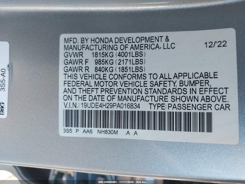2023 Acura Integra VIN: 19UDE4H29PA016834 Lot: 43658492