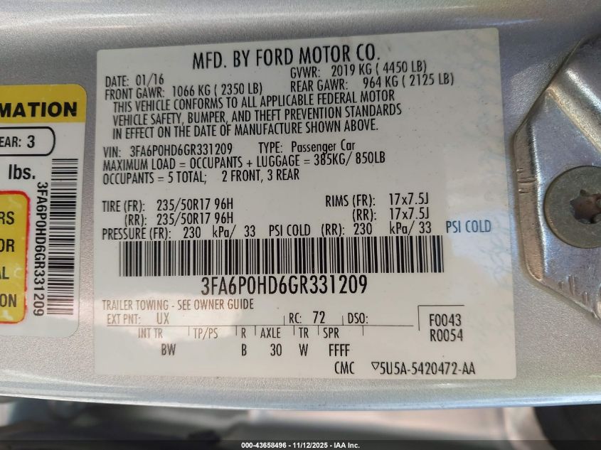 2016 Ford Fusion Se VIN: 3FA6P0HD6GR331209 Lot: 43658496