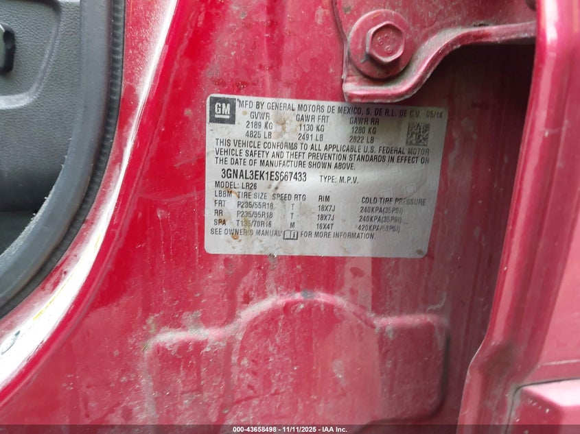 2014 Chevrolet Captiva Sport Lt VIN: 3GNAL3EK1ES667433 Lot: 43658498