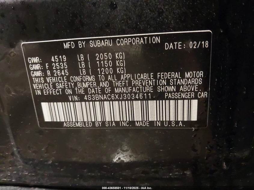 2018 Subaru Legacy 2.5I Premium VIN: 4S3BNAC6XJ3034611 Lot: 43658501