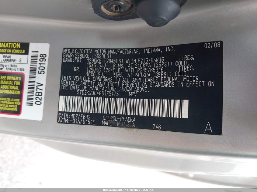 5TDZK23C48S175475 2008 TOYOTA SIENNA photo no. 9