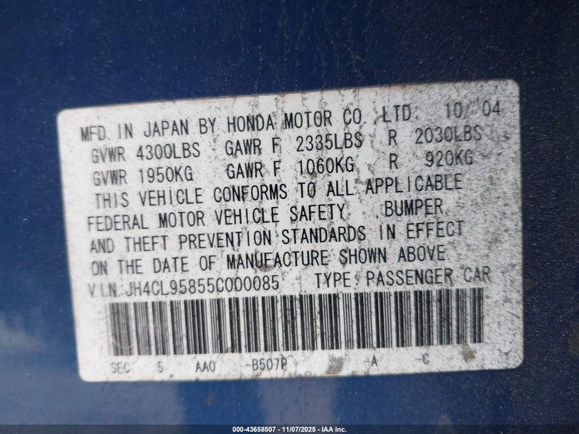 2005 Acura Tsx VIN: JH4CL95855C000085 Lot: 43658507