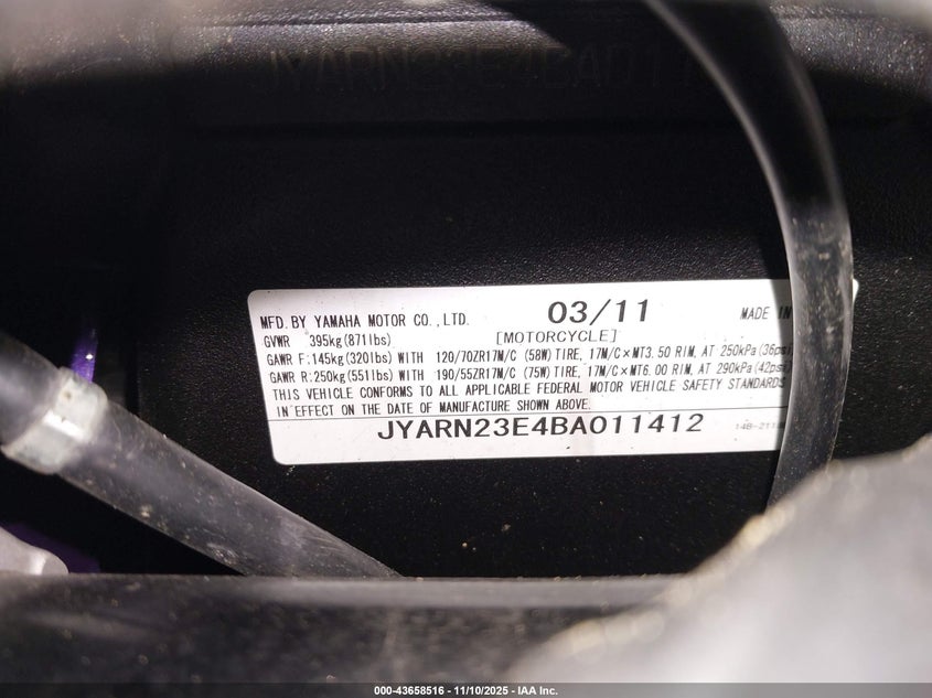 2011 Yamaha Yzfr1 VIN: JYARN23E4BA011412 Lot: 43658516