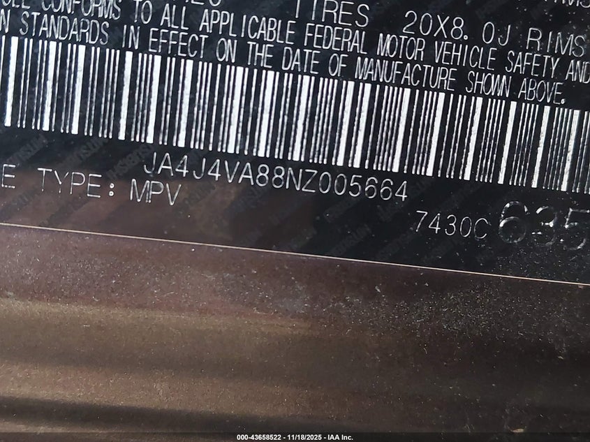 2022 Mitsubishi Outlander Sel 2.5 S-Awc/Sel Launch Edition S-Awc/Sel Special Edition S-Awc VIN: JA4J4VA88NZ005664 Lot: 43658522