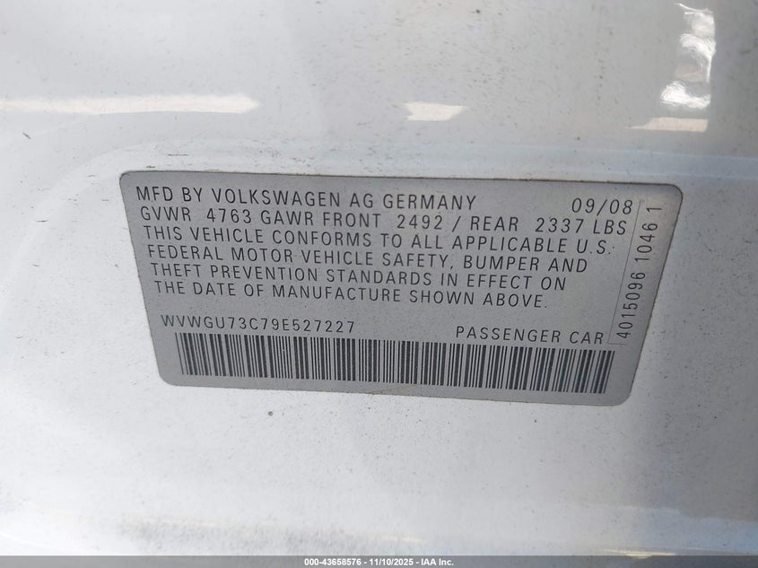 2009 Volkswagen Cc Vr6 VIN: WVWGU73C79E527227 Lot: 43658576