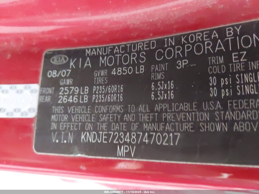 2008 Kia Sportage Ex V6 VIN: KNDJE723487470217 Lot: 43658577