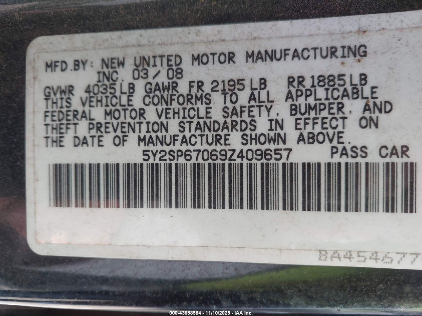 2009 Pontiac Vibe VIN: 5Y2SP67069Z409657 Lot: 43658584