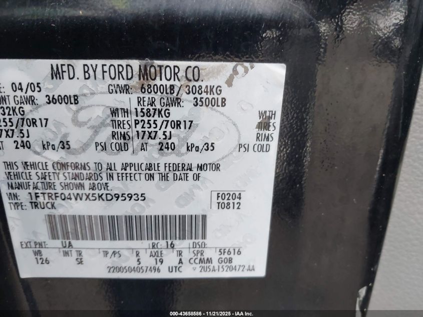 2005 Ford F-150 Stx/Xlt VIN: 1FTRF04WX5KD95935 Lot: 43658586