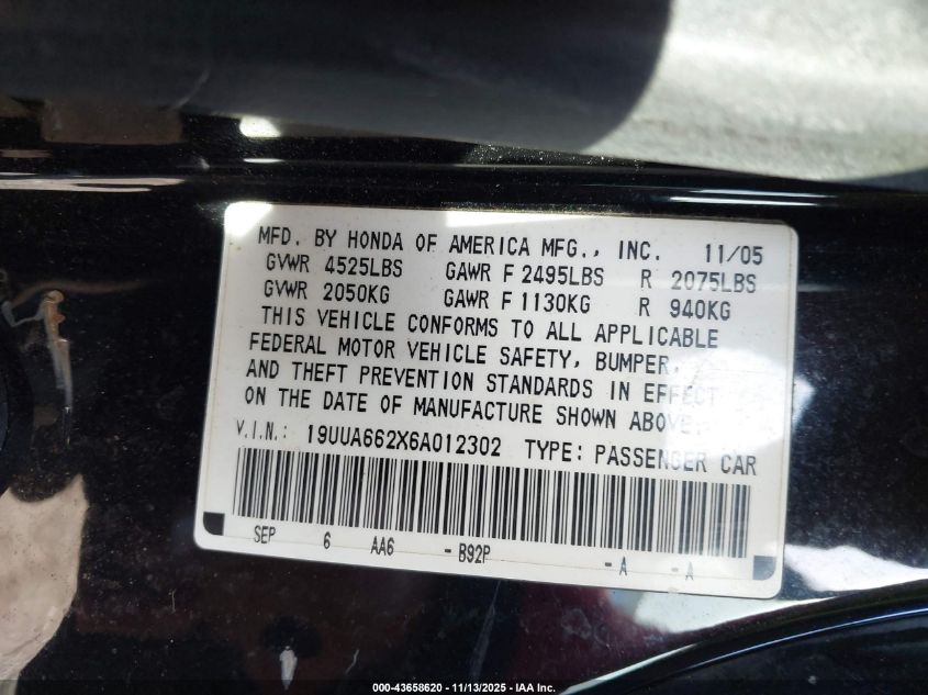 2006 Acura Tl VIN: 19UUA662X6A012302 Lot: 43658620