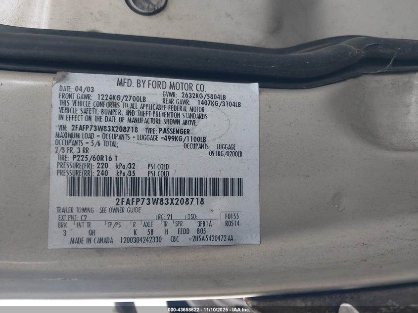 2003 Ford Crown Victoria Standard VIN: 2FAFP73W83X208718 Lot: 43658622