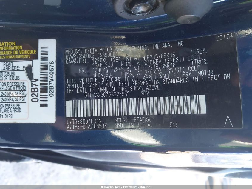 2005 Toyota Sienna Ce VIN: 5TDZA23C75S227955 Lot: 43658629