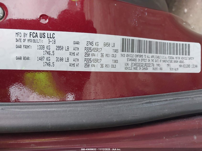 2018 Dodge Grand Caravan Gt VIN: 2C4RDGEG2JR222170 Lot: 43658632