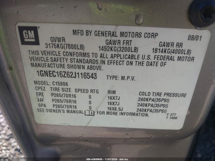 2002 Chevrolet Suburban 1500 Lt VIN: 1GNEC16Z62J116543 Lot: 43658650