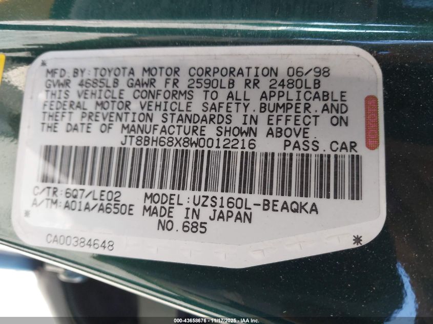 1998 Lexus Gs 400 VIN: JT8BH68X8W0012216 Lot: 43658676