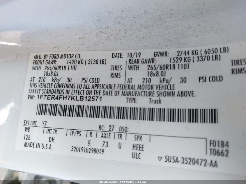 2019 Ford Ranger Lariat VIN: 1FTER4FH7KLB12571 Lot: 43658683