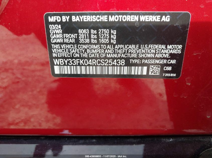 2024 BMW I5 Edrive40 VIN: WBY33FK04RCS25438 Lot: 43658693