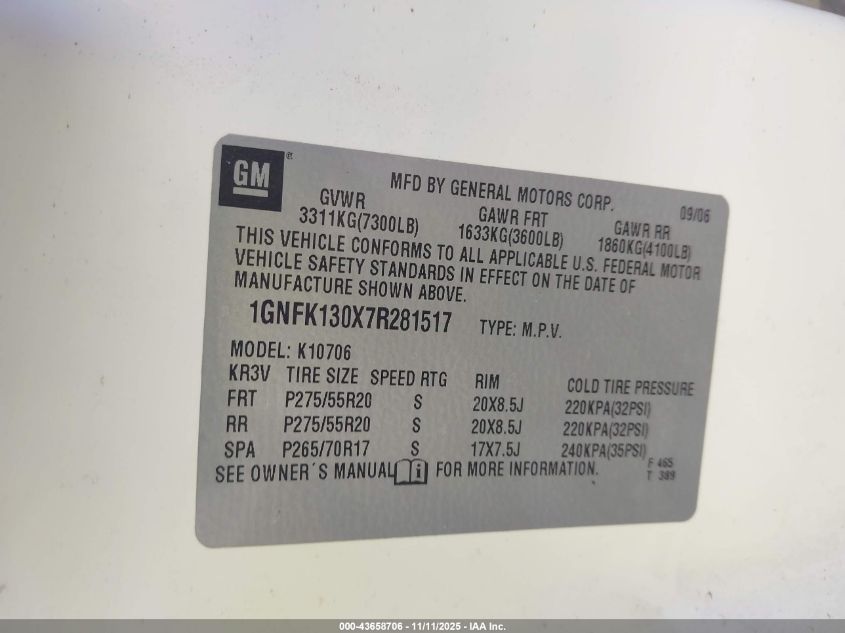 2007 Chevrolet Tahoe Ltz VIN: 1GNFK130X7R281517 Lot: 43658706