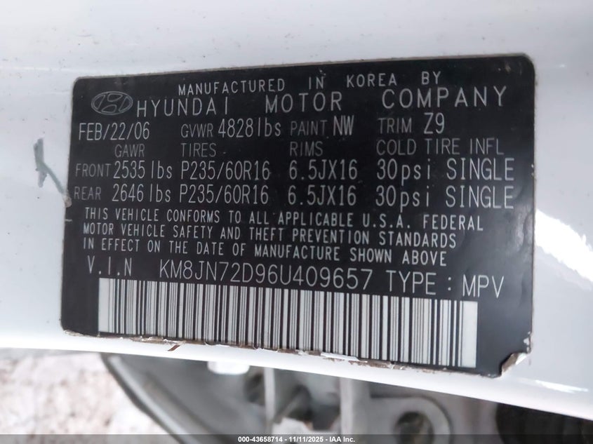 2006 Hyundai Tucson Gls/Limited VIN: KM8JN72D96U409657 Lot: 43658714