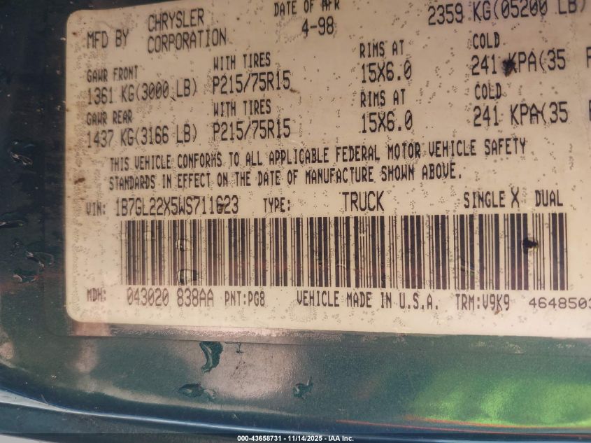 1998 Dodge Dakota Slt/Sport VIN: 1B7GL22X5WS711623 Lot: 43658731