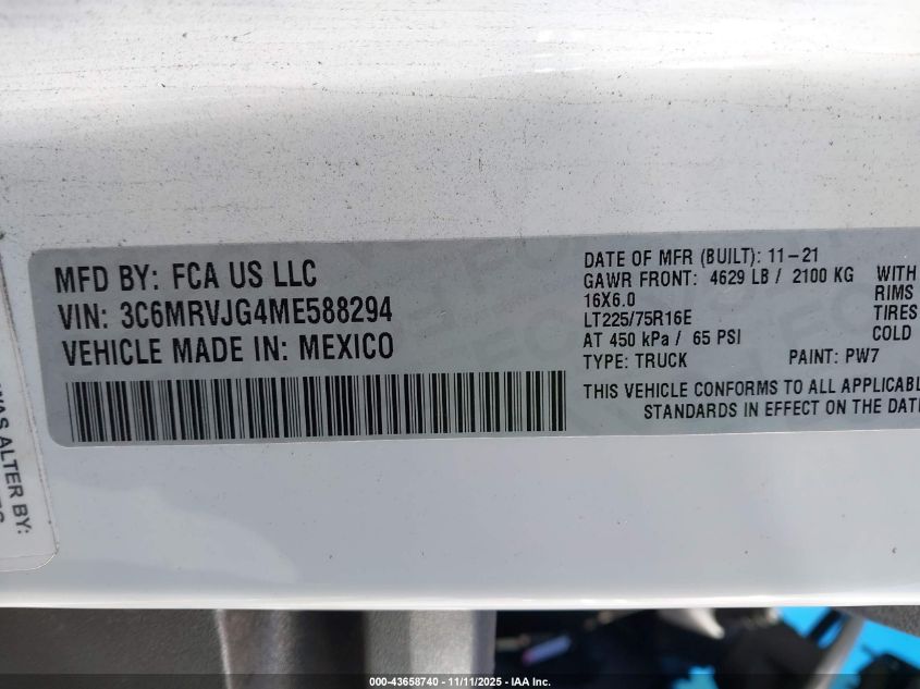 2021 Ram Promaster 3500 Cargo Van High Roof 159 Wb Ext VIN: 3C6MRVJG4ME588294 Lot: 43658740
