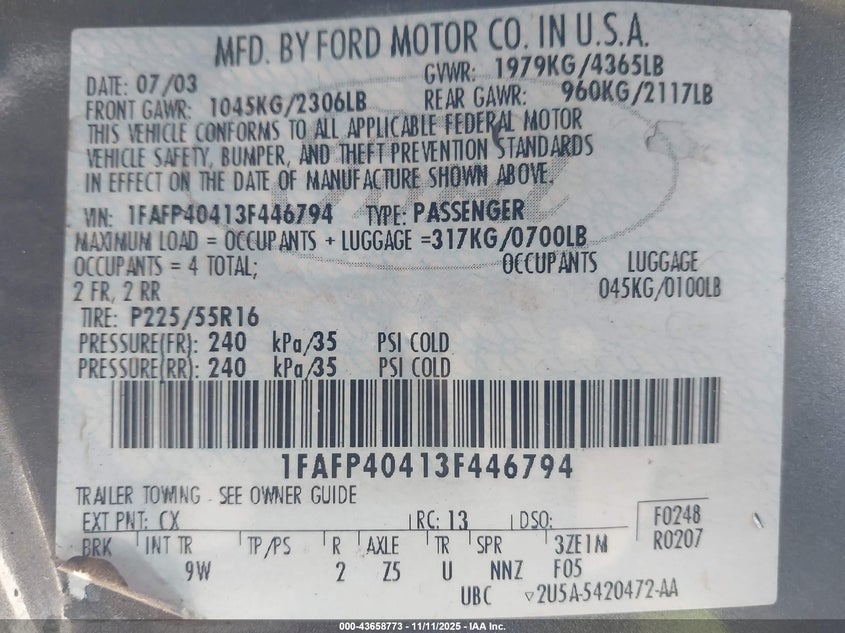 2003 Ford Mustang VIN: 1FAFP40413F446794 Lot: 43658773