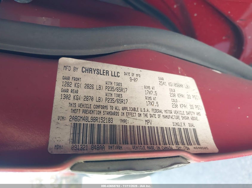 2008 Chrysler Pacifica Lx VIN: 2A8GM48L98R152183 Lot: 43658782