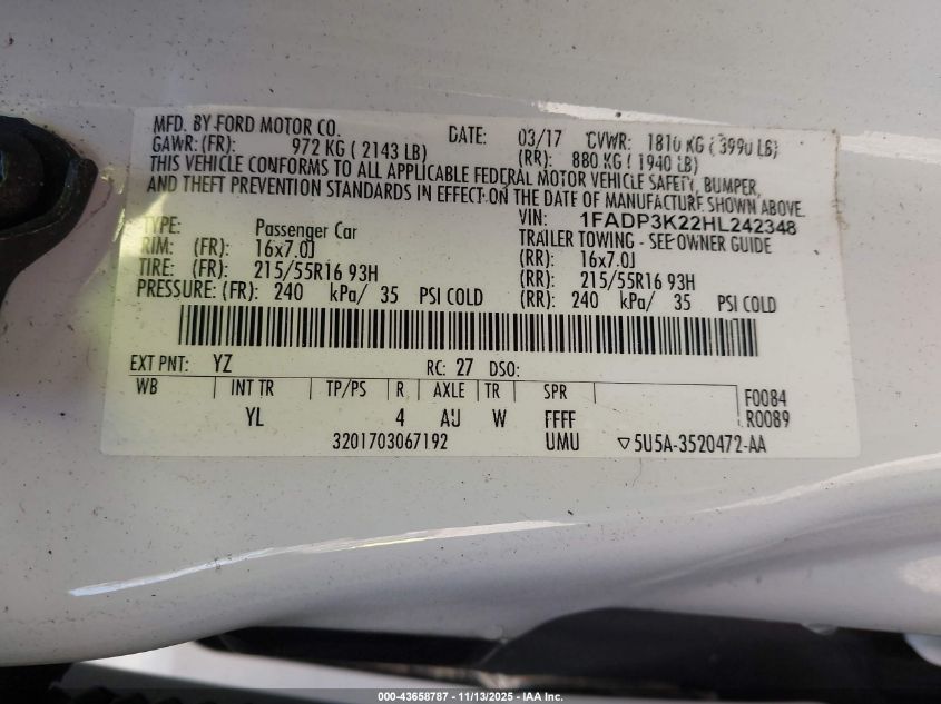 2017 Ford Focus Se VIN: 1FADP3K22HL242348 Lot: 43658787