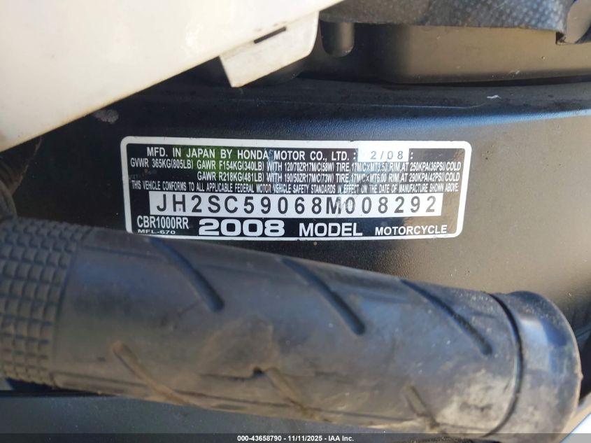 2008 Honda Cbr1000 Rr VIN: JH2SC59068M008292 Lot: 43658790