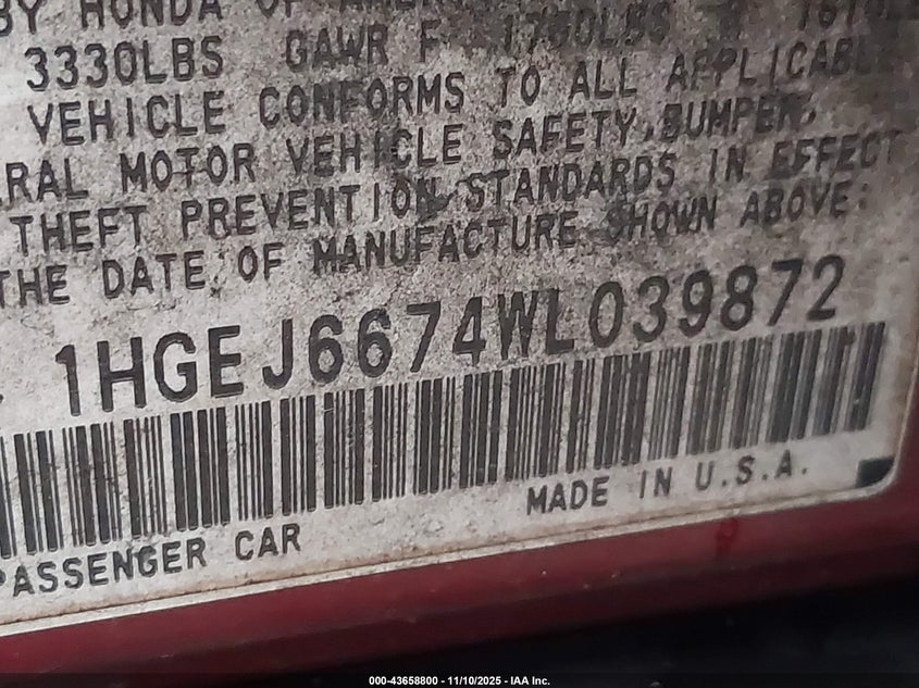 1998 Honda Civic Lx VIN: 1HGEJ6674WL039872 Lot: 43658800