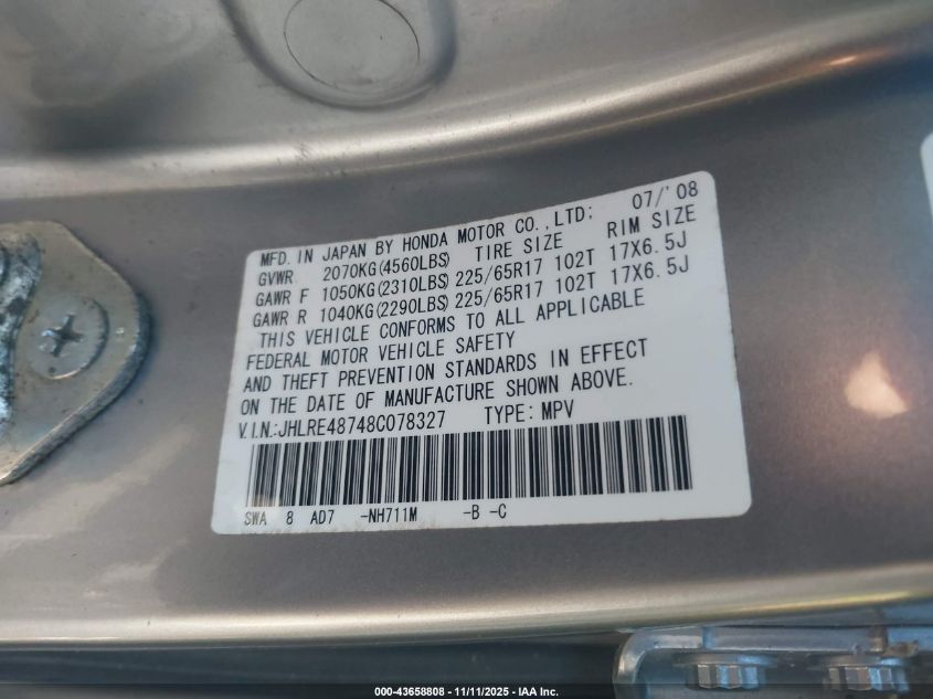 2008 Honda Cr-V Ex-L VIN: JHLRE48748C078327 Lot: 43658808