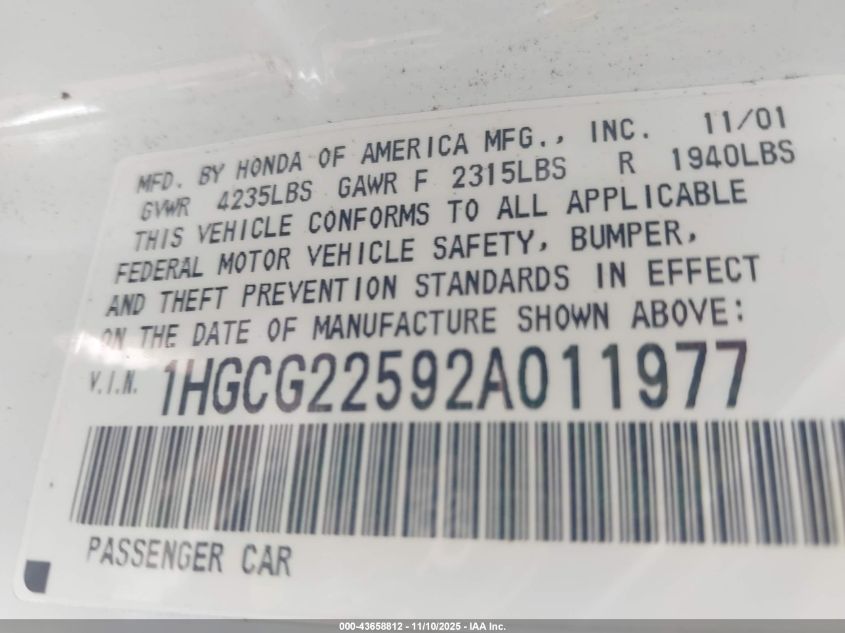 2002 Honda Accord 3.0 Ex VIN: 1HGCG22592A011977 Lot: 43658812