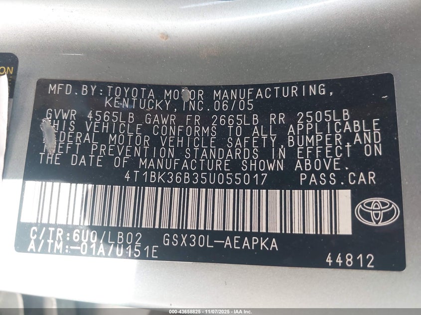 2005 Toyota Avalon Limited VIN: 4T1BK36B35U055017 Lot: 43658825