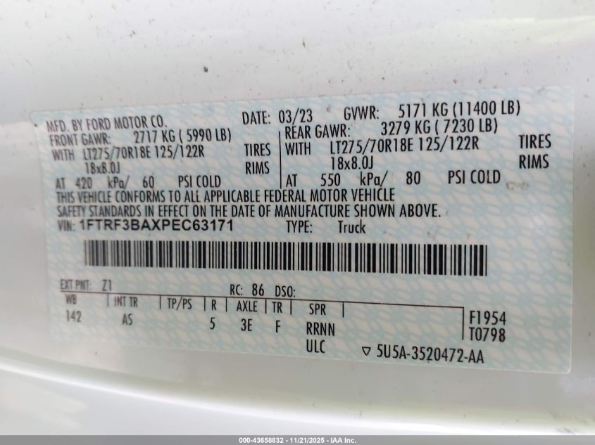 2023 Ford Super Duty F-350 Srw Xl VIN: 1FTRF3BAXPEC63171 Lot: 43658832