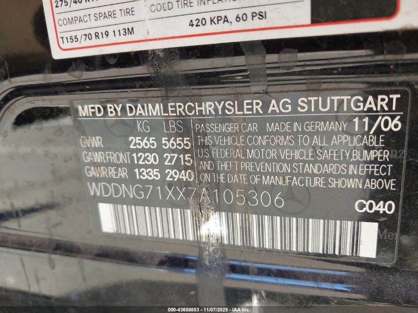 2007 Mercedes-Benz S 550 VIN: WDDNG71XX7A105306 Lot: 43658853